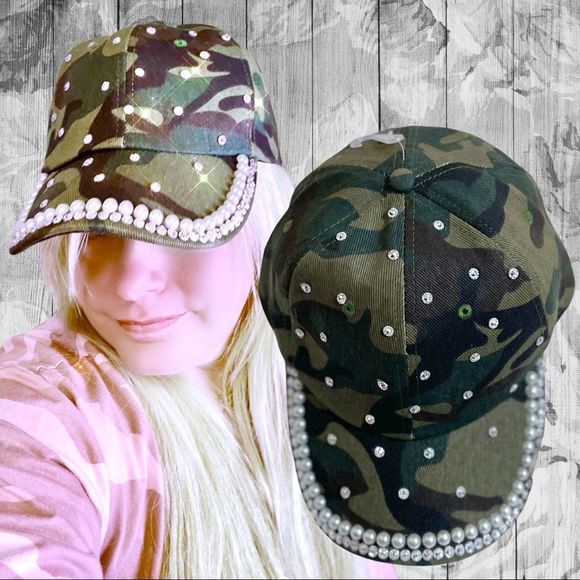 Camo Bling Rhinestone & Pearl Embellished Baseball Cap Hat NEW - Picture 2 of 12